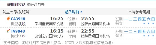 深圳到拉萨航班时刻表
